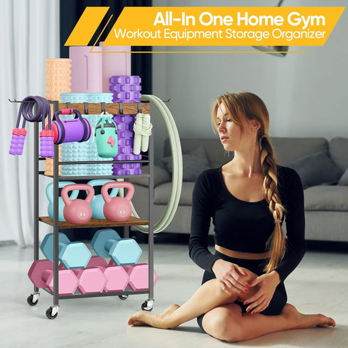 Home Gym Storage Rack - Heavy Duty Yoga Mat Holder with Hooks & Wheels for Dumbbells and Fitness Equipment
