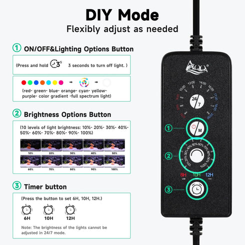 24/7 IP68 12-18 Inch AQQA LED Aquarium Light, Mode Waterproof Extendable Bracket Fish Tank Light, DIY Mode Full