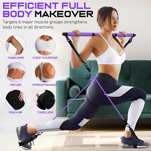 Pilates Bar Kit with Resistance Bands - Multifunctional Pilates Bar for Women & Men, Heavy-Duty Metal Adjustment Buckle.