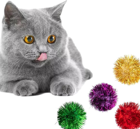AUEAR 12 Pack 2 Inch Sparkle Ball Shiny Glitter Tinsel Pom Poms, Interactive Cat Balls for Kittens