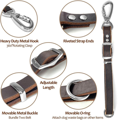 Leather Short Dog Leash, Adjustable Length, Extra Thick Genuine Handmade with Heavy-Duty Hardware, Strong Traffic Pet