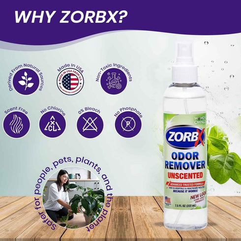 ZORBX Unscented Odor Eliminator - Advanced Formula, Fast-Acting Odor Remover Spray for Dog, Cat, House & Carpet