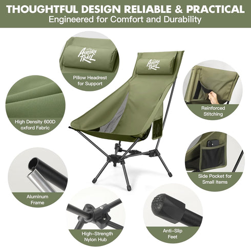 AuraroTrail 374 lb AuroraTrail High Back Folding Camping Chair with Pillow Lightweight Portable Outdoor Chair with Cup