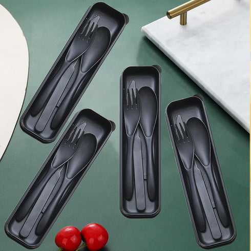 Reusable Travel Utensils Set with Case, 4 Sets Wheat Straw Portable Plastic Cutlery for Kids, Adults, Daily Use (Black)