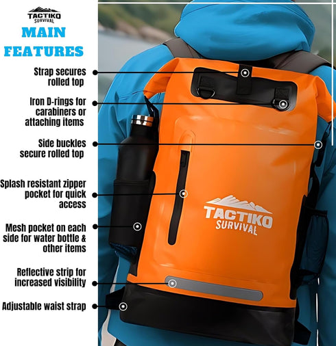 TACTIKO 30L Heavy-Duty 100% Waterproof Backpack with Carabiner, 500D Ripstop Tarpaulin for Kayaking, Hiking