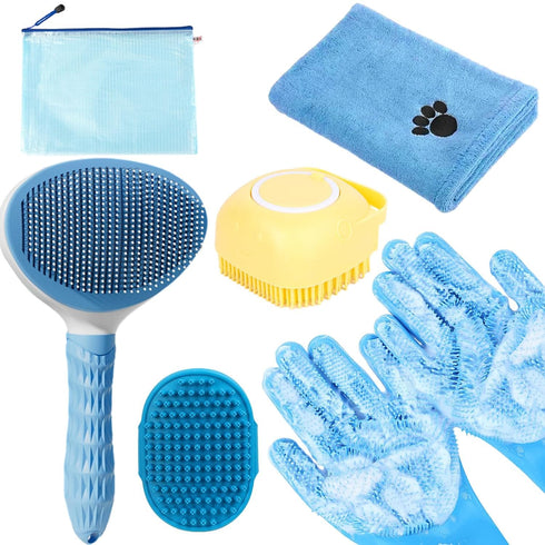 Bath Grooming Kit with Hair Brush, Towel & Scrubber Gloves - 6-in-1