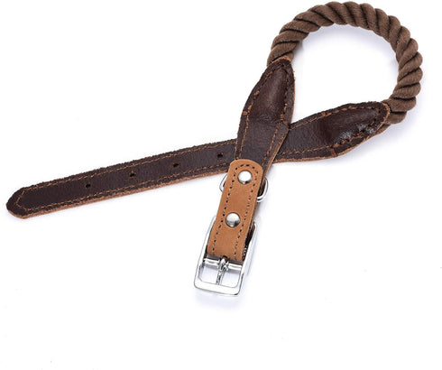 Mile High Life Rope Dog Collar - Durable Braided Cotton with Genuine Leather and Metal Pin Buckle for Medium Dogs (Dark