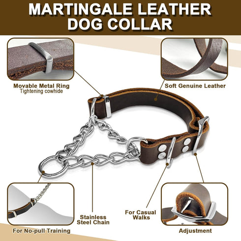 Leather Martingale Dog Collar, Adjustable for Medium Large Dogs, Soft Genuine Cowhide with Stainless Steel Chain (L,