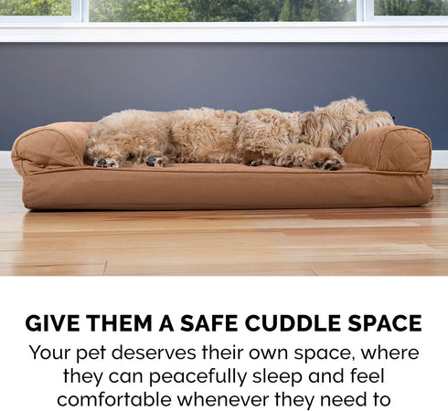 Furhaven Memory Foam Dog Bed for Medium/Small Dogs with Removable Bolsters & Washable Cover, Quilted Sofa, Toasted