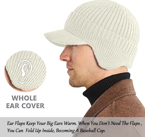 Winter Hats for Men - Fuzzy Fleece Lined Beanie with Ear Flaps and Visor Brim for Outdoor Warmth