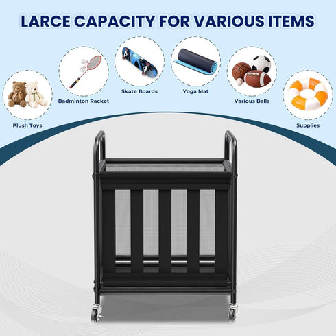 Ball Storage Cart, Sports Equipment Organizer with Wheels, Storing Volleyball, Basketball, Soccer, Baseball and Toy
