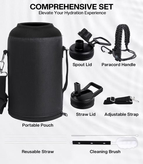 One Gallon Insulated Water Bottle, Vacuum Stainless Steel, 128 oz Leak Proof Jug with Paracord Handle