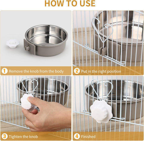 POPETPOP No Spill Crate Water Bowl: Removable Stainless Steel Dog Bowl for Cat, Puppy, Rabbit, Pet Kennel Cage