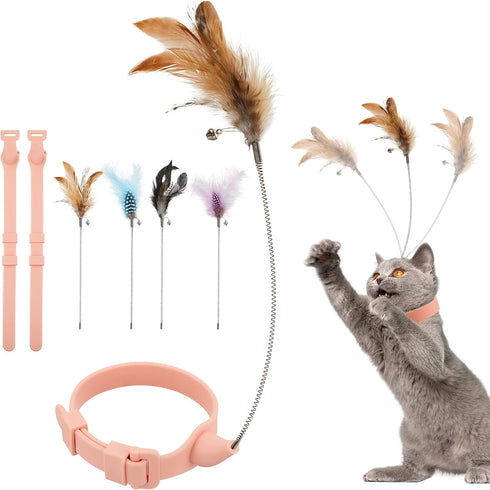 Sumind 6 Pcs Cat Collar Toy with Feather - Interactive Cat Stick Wand Toys with Bell for Indoor Kittens