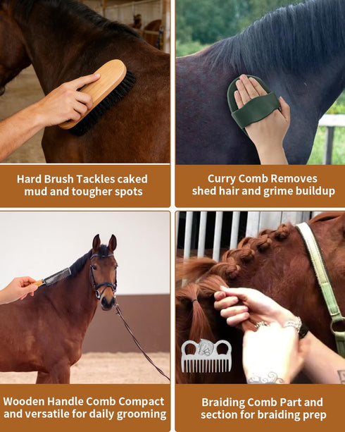 HAPPYER 13 Set Horse Grooming Kit Piece, Complete Horse Brushes & Grooming Supplies with Organizer Bag, Curry Comb