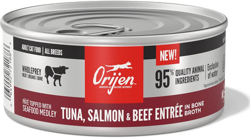 ORIJEN Adult Wet Cat Food, Grain Free Tuna, Salmon & Beef Entree in Bone Broth, 12 Pack, 5.5 oz