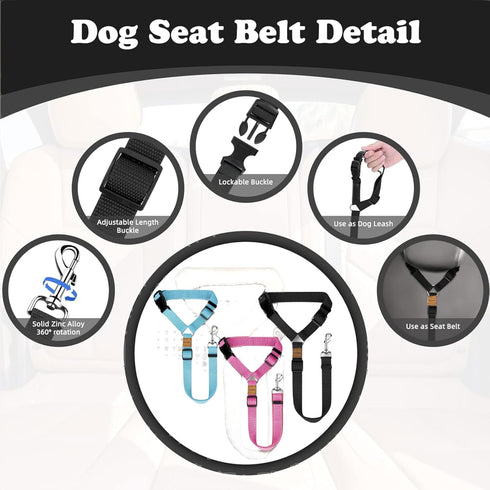 CuoiArte 3 Pack Dog Seat Belt for Car, Car Headrest Restraint Adjustable Nylon Fabric, Dog Restraints Vehicle Seatbelts
