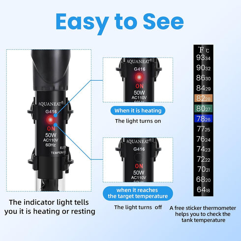 AQUANEAT 50W Aquarium Heater, Adjustable Submersible Water Thermostat with Thermometer for Fish Tank