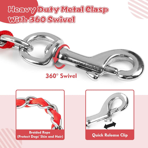 Heavy Duty Metal Dog Leash, Chew Proof Chain Leash with Comfortable PU Leather Padded Handle for Medium Large Dogs