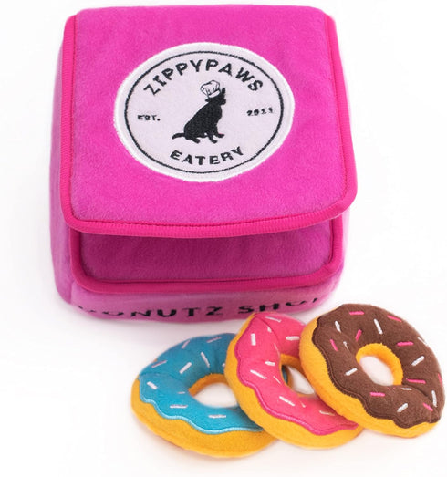 ZippyPaws Burrow Food Buddies Donutz Box - Interactive Hide and Seek Dog Toys, Colorful Squeaky Plush Puzzles for Small