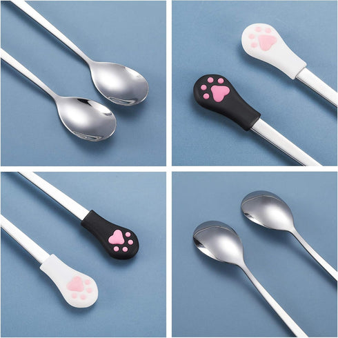 6 Pieces Stainless Steel Pet Food Spoon Set, Cute Cat Claw Silicone Handle (White, Black, Orange)