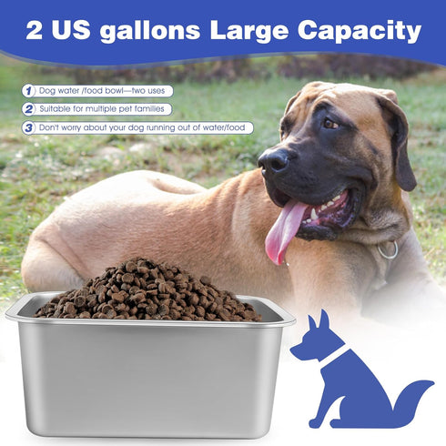 2 Gallons Large Dog Water Bowl, Stainless Steel Metal Dog Bowls, Large Capacity Pet Food Bowl Water Dish for Indoor and Outdoor Universal for Large & Giant Dogs 12.6''×8.7''×5.9''