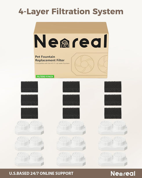 74oz/2.2L (9 Pack) Neareal Official Cat Fountain Replacement Filters & Pre-Filter Sponges for Stainless Steel Pet Water