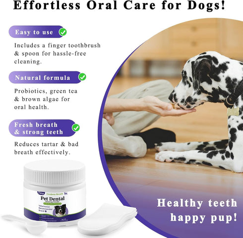 Breeds.100g Dog Dental Cleaning Powder - Probiotic Dental Care freshens Breath, Controls Plaque, and removes Tartar.