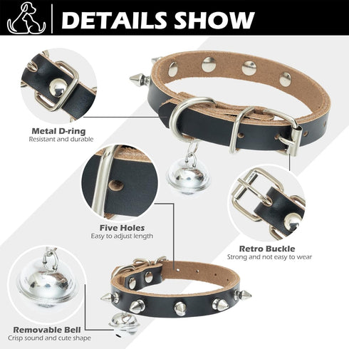 BINGPET Spiked Dog Collar for Small Dogs, Genuine Leather Puppy Cat Collar with Bells, Soft Studded for Pets (Black, S)