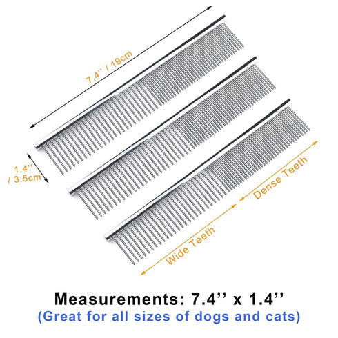 Dog Combs Cat Combs 3 Pack, Stainless Steel Grooming Combs for Dogs and Cats, Wide Tooth, Dense Tooth & Flea Comb