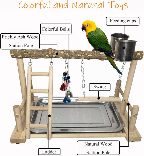 PINVNBY Bird Playground Parrot Playstand Birds Play Stand Wood Exercise Perch Gym Stand Playpen Ladder with Feeder Cups