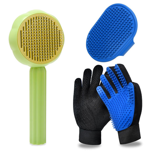 GJEASE Cat Grooming Glove Brush - Self-Cleaning Slicker for Short and Long Haired Pets, Removes Loose Hair (Green)