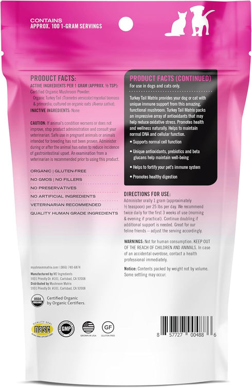 Immunity 100 3.5 oz Om Mushroom Matrix Pet - Canine | Turkey Tail | USA Grown Human-Grade Organic Mushroom Powder Pet