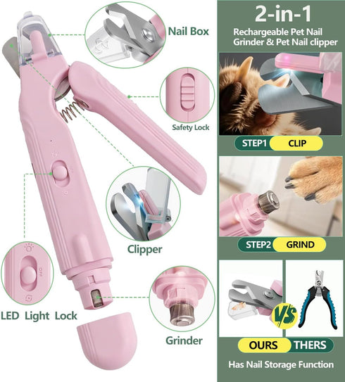 Zoxalru 2-in-1 2 Trimmer Dog Nail Clipper & Nail Grinder with LED Lights Splash Guard for Large Medium Small Cats Dogs