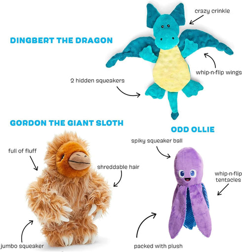 Barkbox Best of BarkBox Bundle - Squeaky Plush Chew Toys for Medium and Large Dogs, Gordon, Dingbert, Ollie
