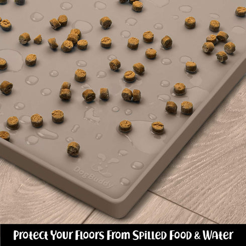 DogBuddy Waterproof Dog Food Mat - Silicone Mat for Dog Bowls, Nonslip Pet Feeding Mat with Edges (XS: 11" x 11", Taupe)