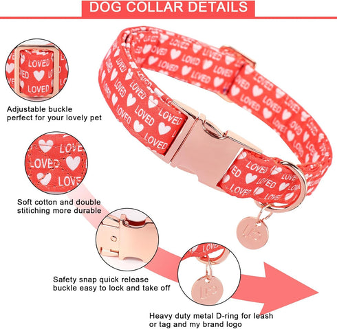 Valentine's Day Dog Collar, Red Heart Collar for Small Medium Large Dogs, Wedding Collar with Metal Buckle, XL