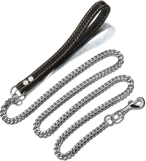 Heavy Duty Stainless Steel Dog Chain Leash, 3FT/4FT/5FT Cuban Link Metal Leashes, Genuine Leather Handle, Silver