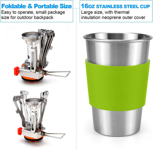 Odoland Camping Cookware Stove, Carabiner Canister Stand, Tripod, Stainless Steel Cup, Fork Spoon Kit