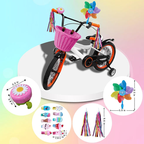 Kid's Adjustable Bicycle Basket Streamers Set, Front Handlebar Kit with Colorful Streamers, Bell, Windmill for Girls