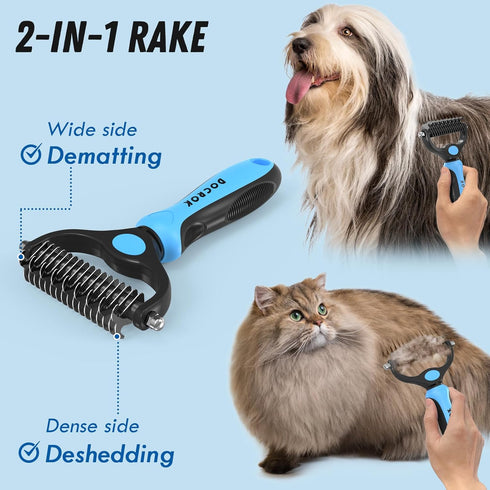 Pet Grooming Brush and Metal Comb Combo, Undercoat Rake for Dogs Grooming, Dematting Tool for Long Haired Pets (Blue)