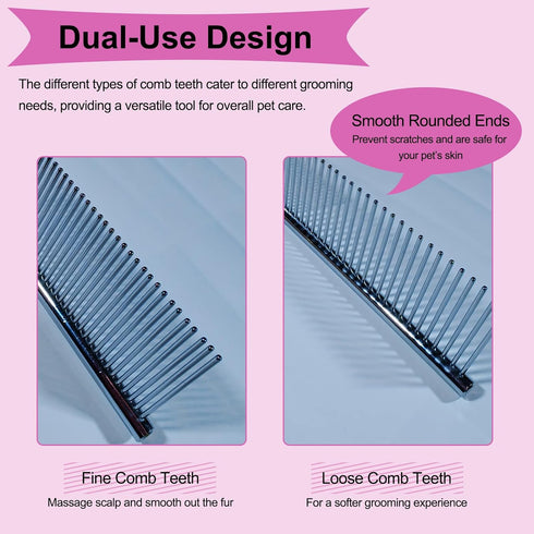 3-Piece Puppy Grooming Kit - Stainless Steel Flea Comb & Soft Bristle Brush for Small Breeds (Pink)
