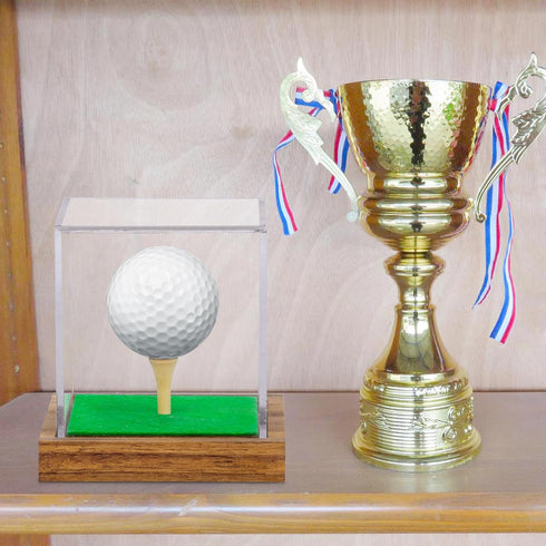 Clear Acrylic Golf Ball Display Case with Wood Base & Tee, Memorabilia Stand Cube Holder, Dust Protection Transparent