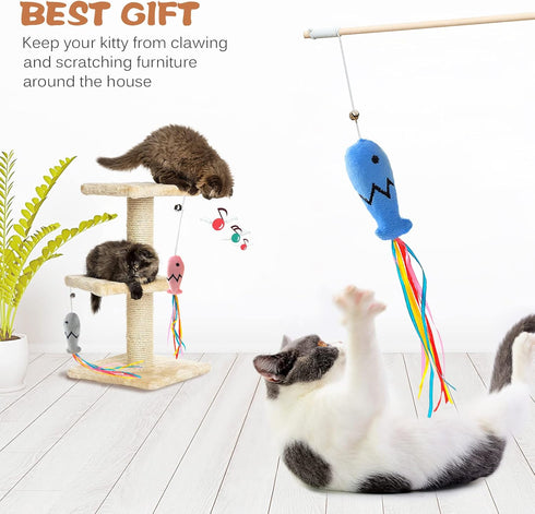 Fashion&cool Cat Wand Toy - 3pcs 16 Inch Natural Wooden Teaser with 5 Pcs Silvervine Sticks for Indoor Cats