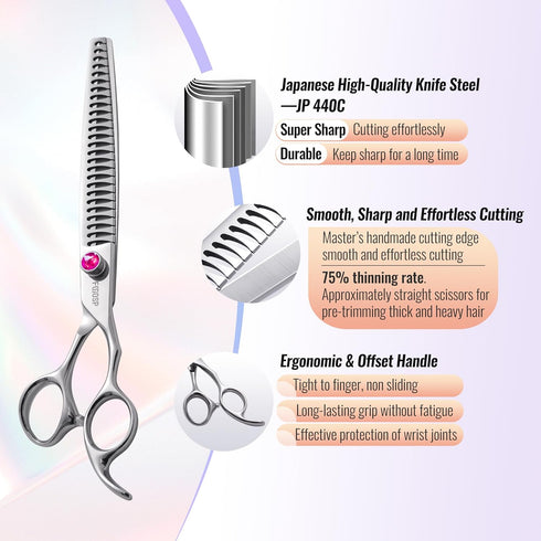 Chunkers Dog Grooming Scissors, 7.0 in Professional Thinning Shears, 70% Thinning Rate, 18 Teeth, Japan 440C