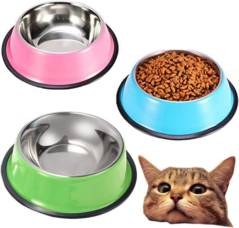 YUDANSI 3 Pack Stainless Steel Cat Bowls - Puppy Small Dog Food and Water Dish Set - Non Skid Anti Slip