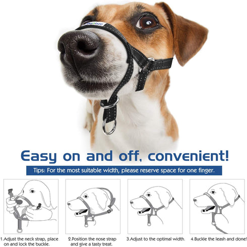 Pawaboo Dog Muzzle, Adjustable Head Halter Collar, Reflective Nylon, Anti-Biting Control, Small Size, Black