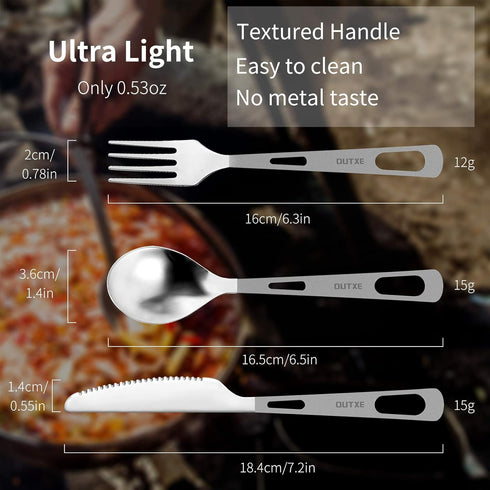 OUTXE Titanium Flatware Set - Polished Knife Fork Spoon Lightweight Camping Utility Cutlery with Bag