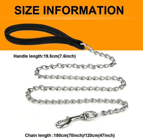 Heavy Duty Metal Dog Leash, 5 FT Chew Proof Chain with Soft Padded Handle for Large & Medium Dogs