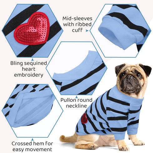 Queenmore Striped Dog T-Shirt, Long Sleeve Cotton Shirt for Small Medium Dogs Cats, Outfits for Frenchie, Dachshund,